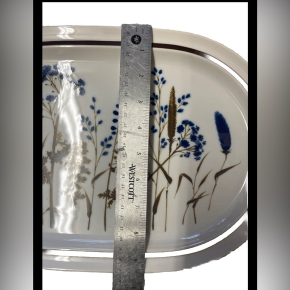 Vintage NORITAKE JAPAN PRIMASTONE WINSOME OVAL PLATTER BLUE CATTAILS LARGE - Picture 3 of 4